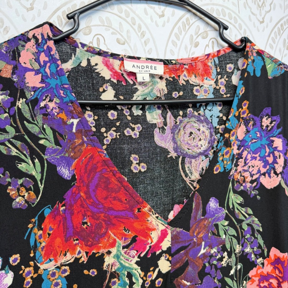 Andree by Unit Floral V-Neck Dress Women Large Black Pink Boho Empire Waist L - Picture 3 of 8